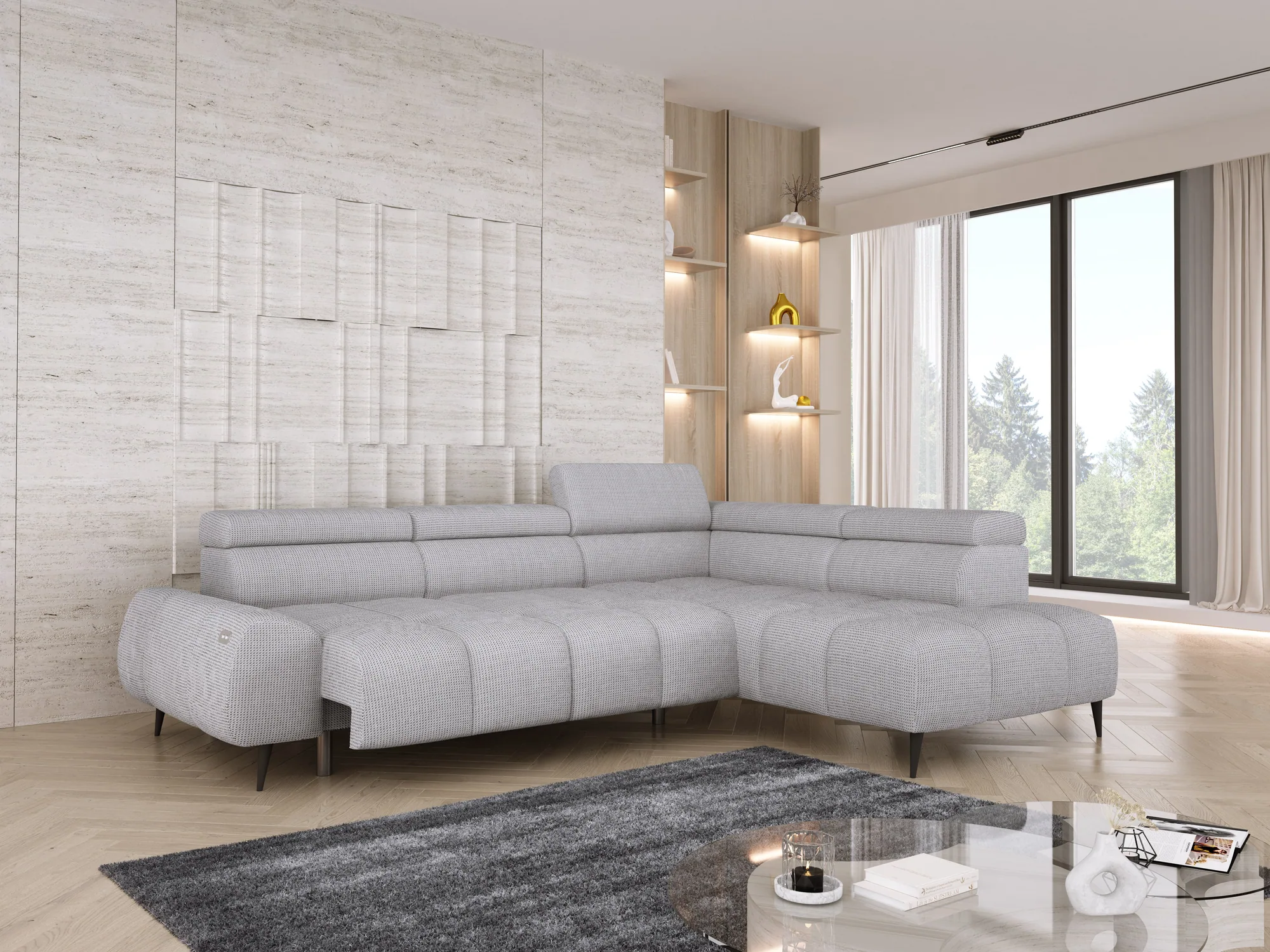 Divano angolare relax con seduta elettrica SANTO L – funzione aperta, ambientazione