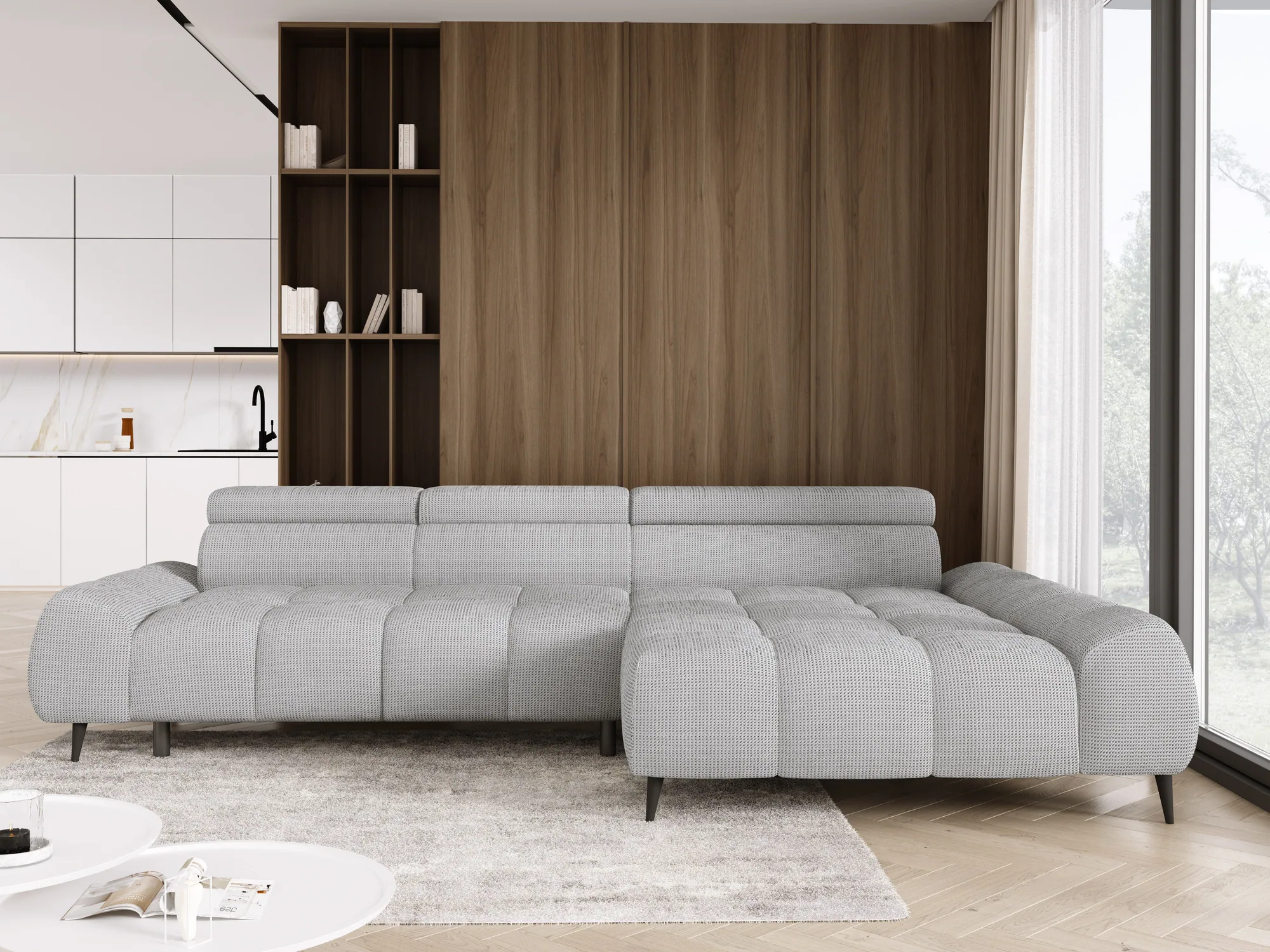 Relax-Ecksofa mit elektrischem Sitz SANTO S – Frontansicht, im Raum