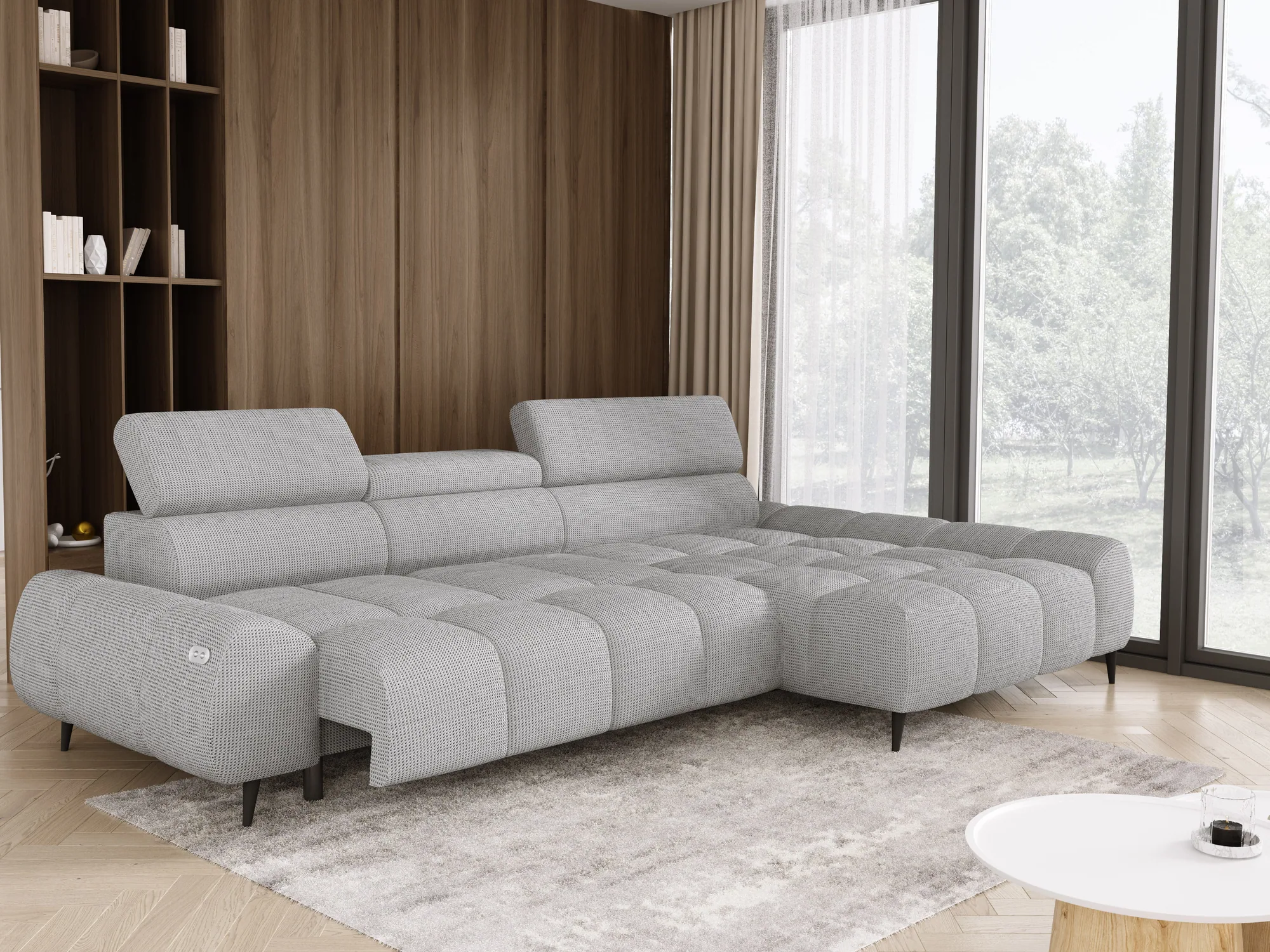 Relax-Ecksofa mit elektrischem Sitz SANTO S – Funktion geöffnet, im Raum