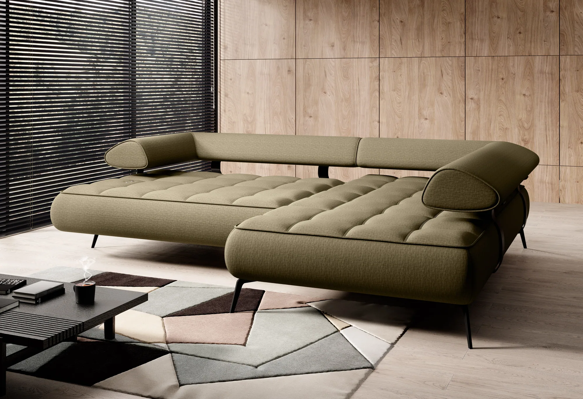 Ecksofa SELEDO L mit elektrischem Sitz – Funktion geöffnet, im Raum