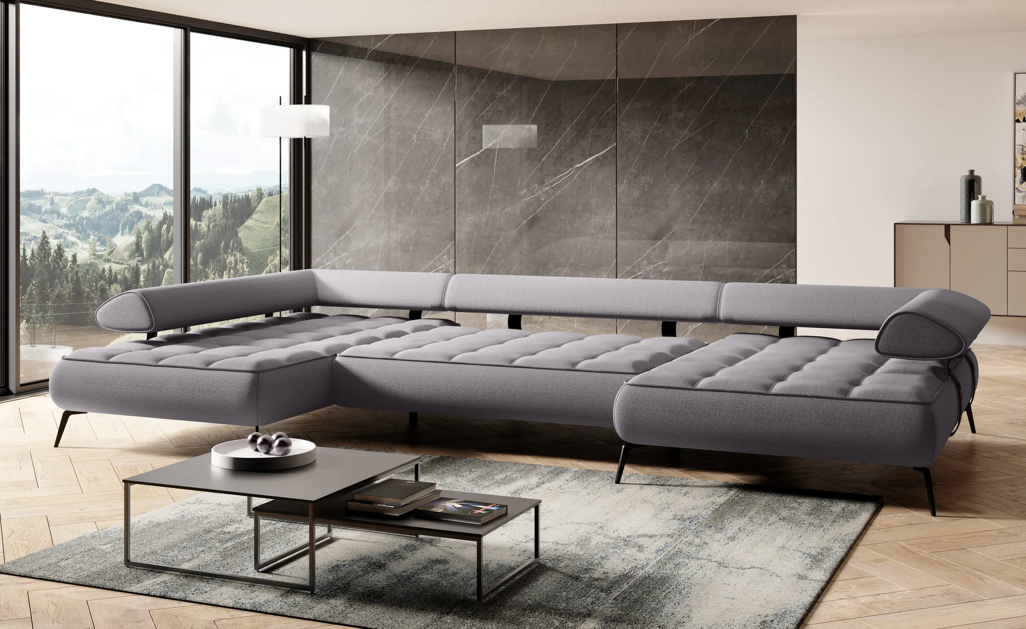 U-förmiges Eckschlafsofa mit elektrischem Sitz SELEDO XL – Funktion geöffnet, im Raum