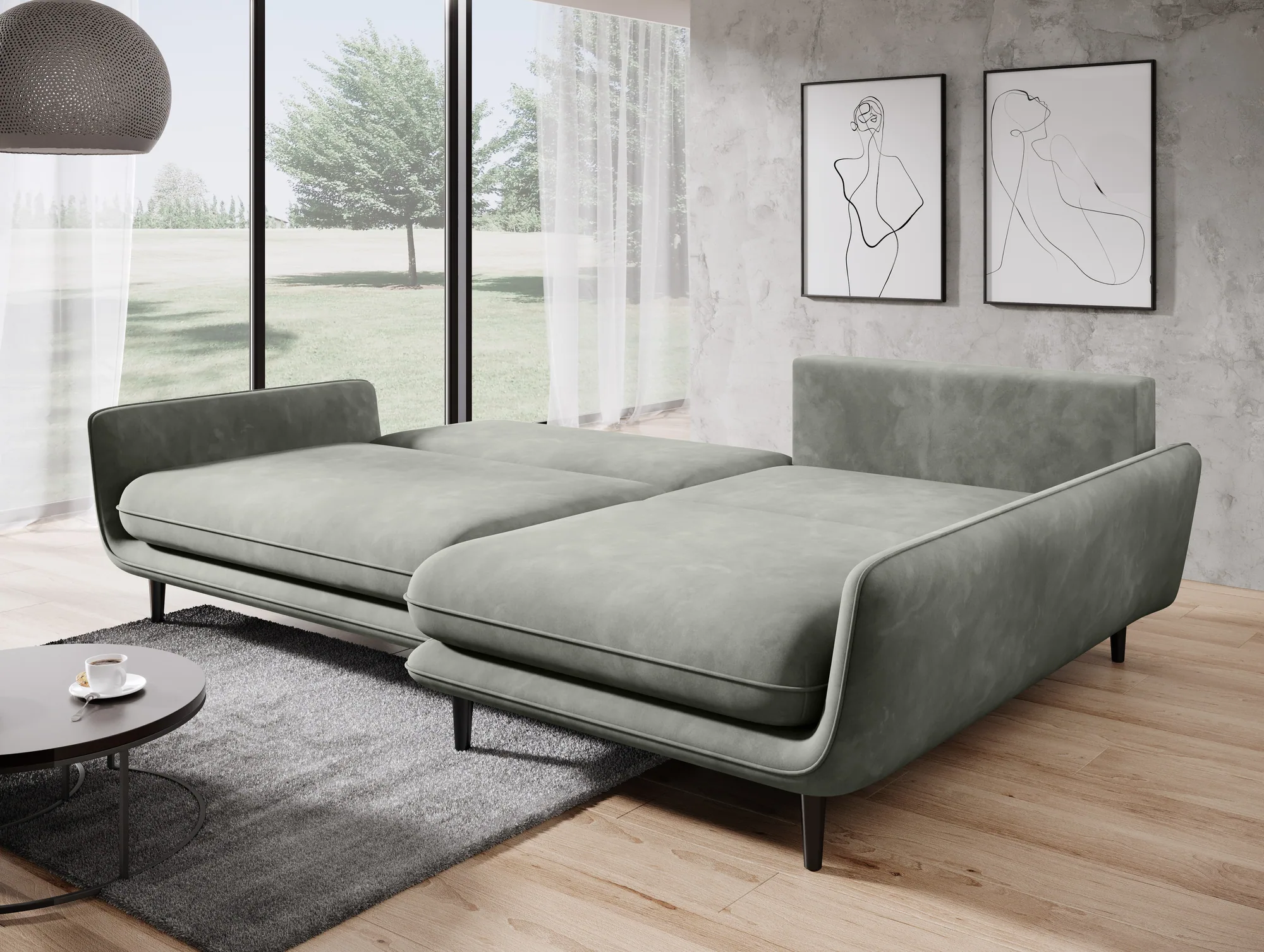 Eckschlafsofa mit Bettkasten SOLANO – Funktion geöffnet, im Raum