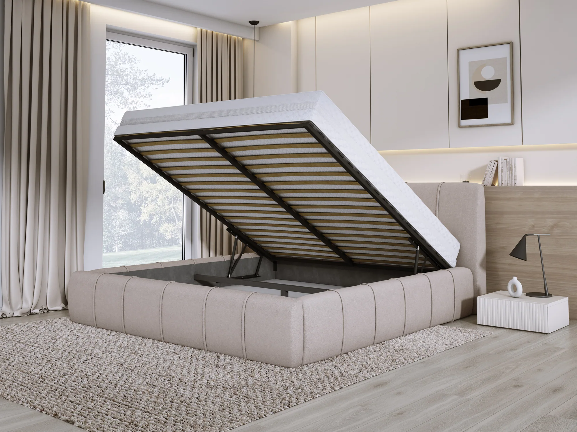 Polster-Doppelbett mit Bettkasten SOUL – im Raum