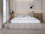 Polster-Doppelbett mit Bettkasten SOUL – Frontansicht, im Raum