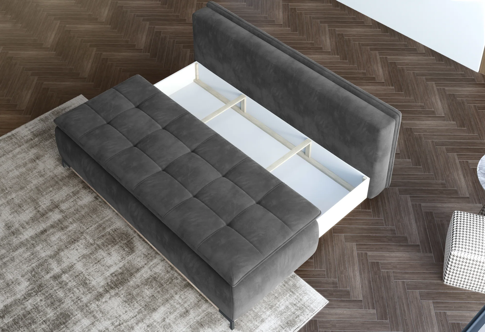 2-Sitzer-Schlafsofa mit Bettkasten SWEET – Detail, im Raum