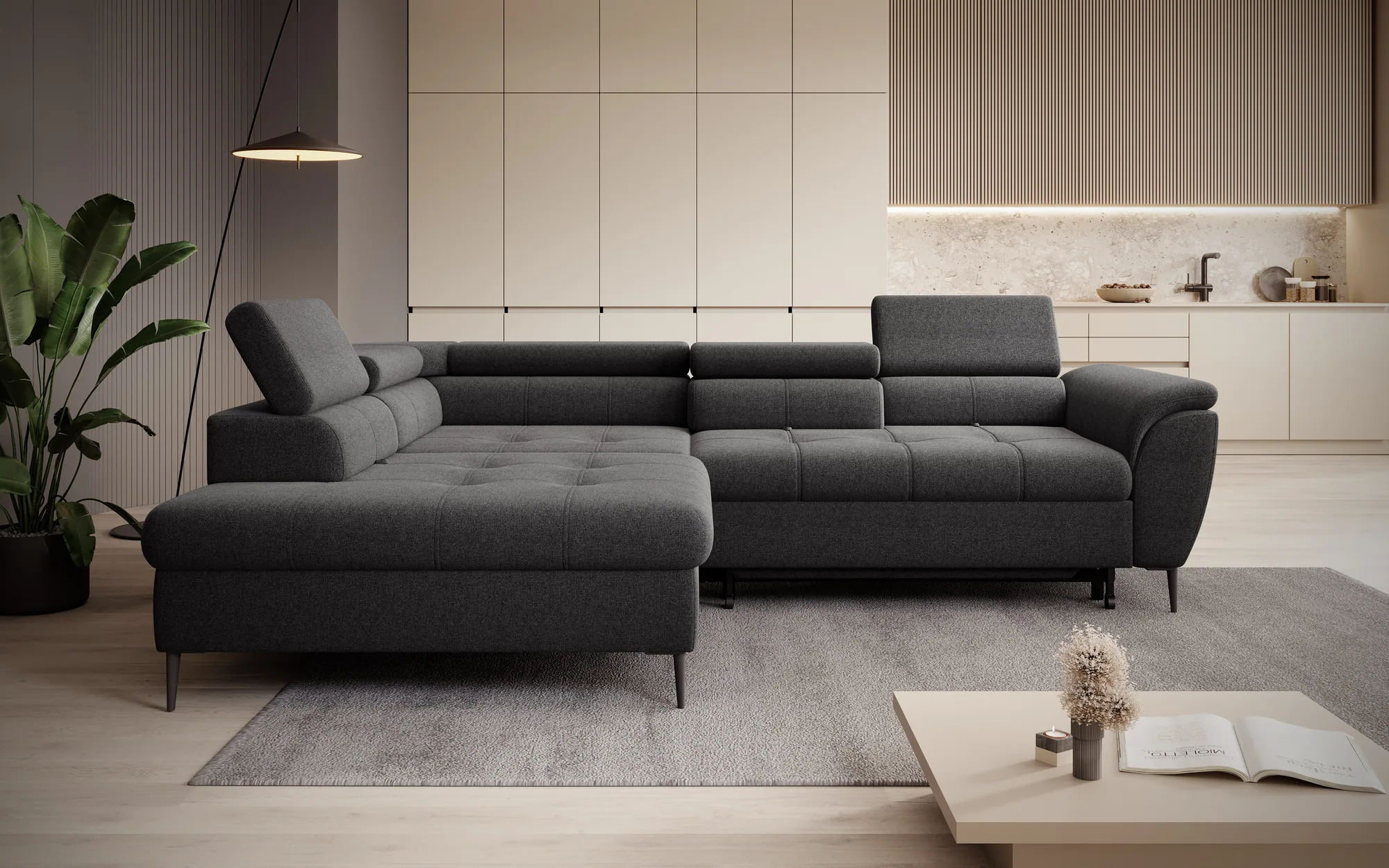 Eckschlafsofa mit Bettkasten TEMPO L – im Raum