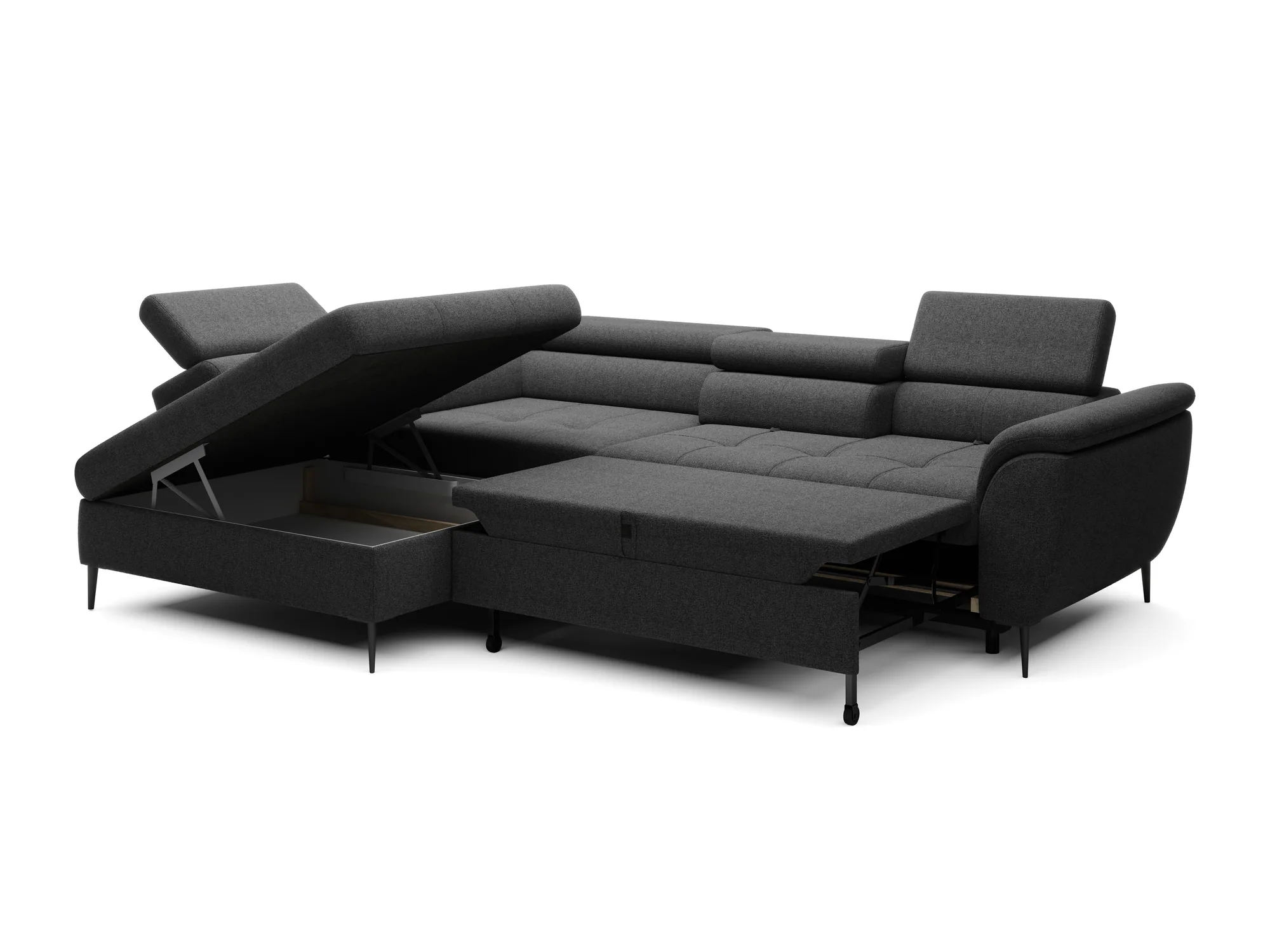 Eckschlafsofa mit Bettkasten TEMPO L – Funktion geöffnet, auf weißem Hintergrund