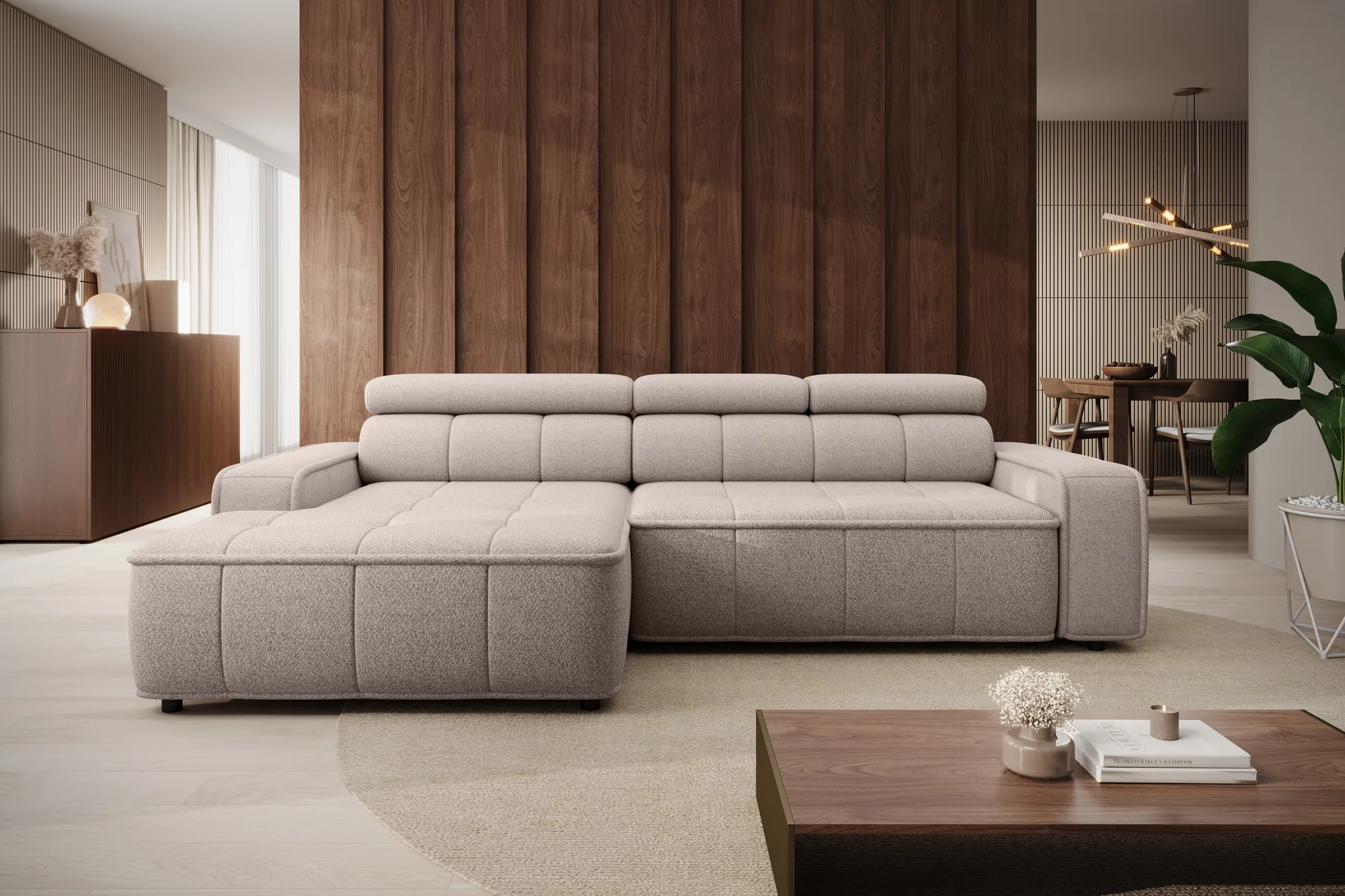 Divano angolare relax con seduta elettrica THIAGO S – vista frontale, ambientazione