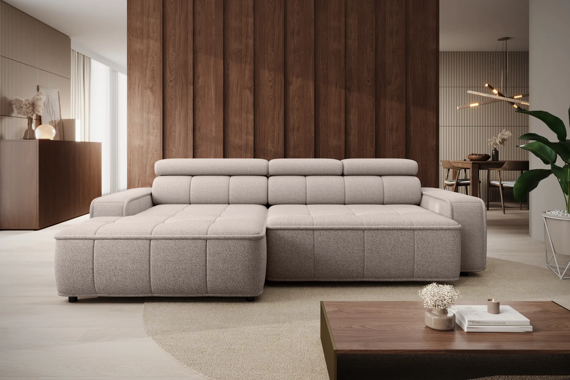 Divano angolare relax con seduta elettrica THIAGO S – funzione aperta, ambientazione