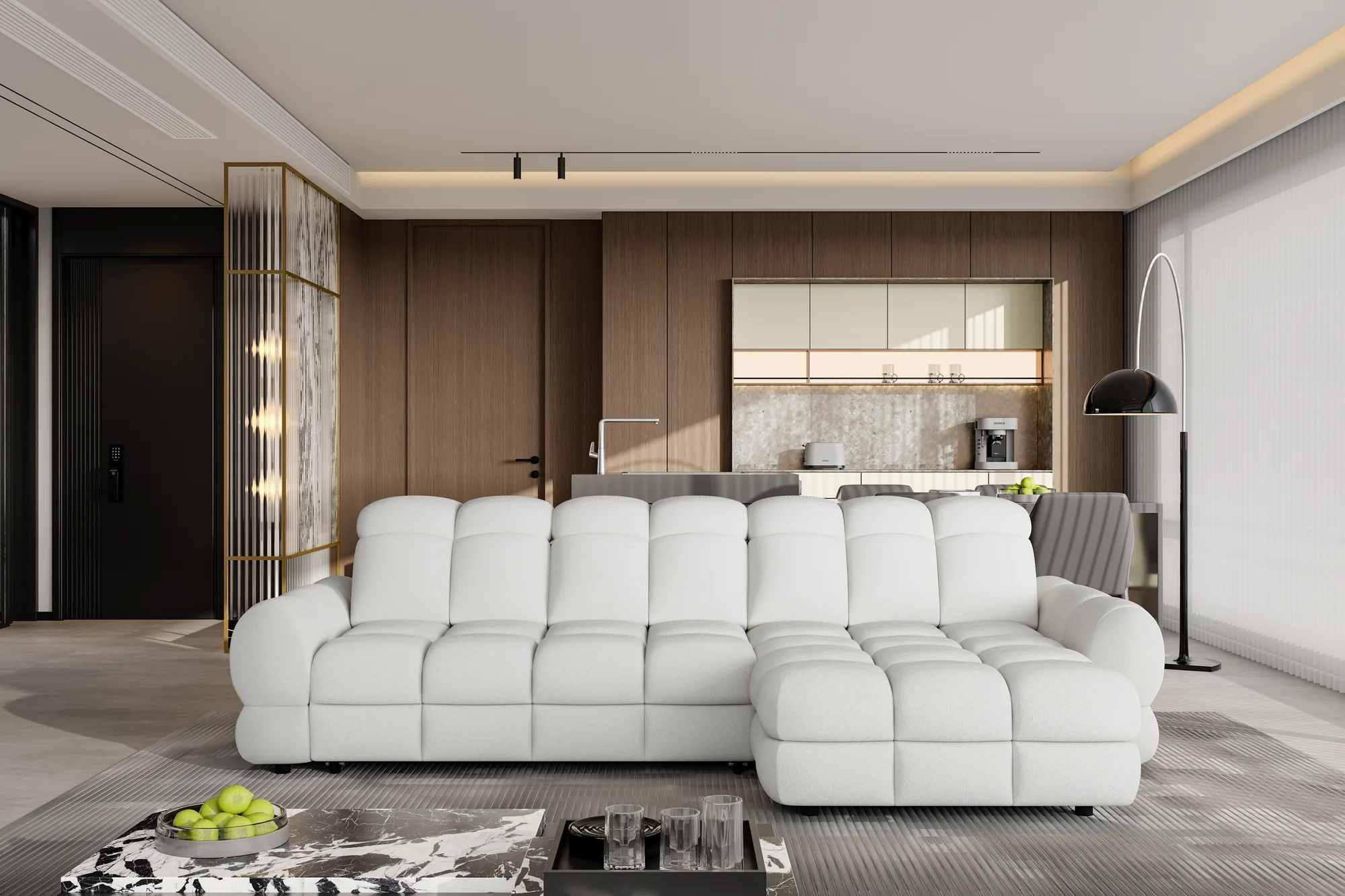 Eckschlafsofa mit elektrischem Sitz und Bettkasten TOLLO S – im Raum