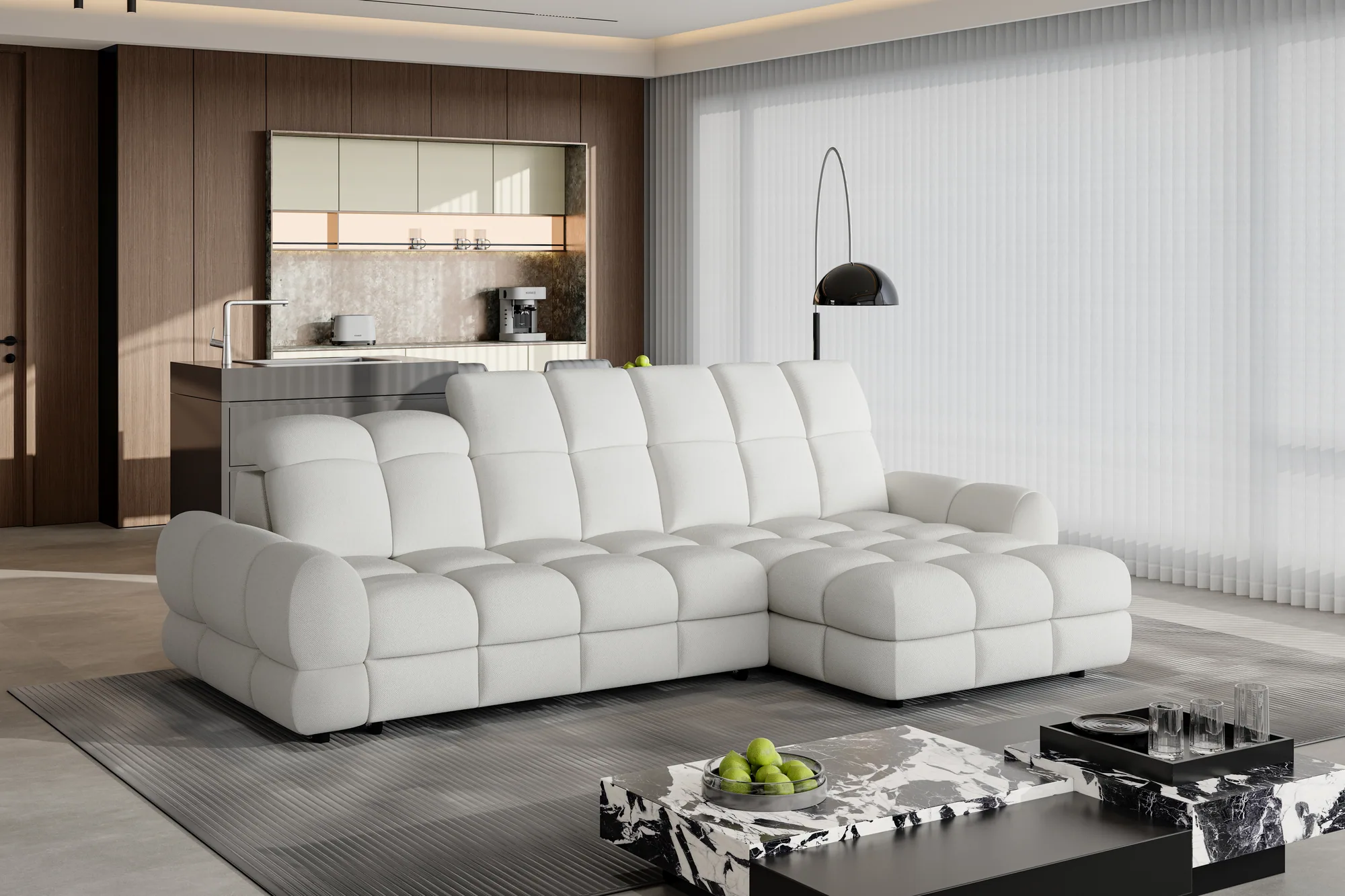 Eckschlafsofa mit elektrischem Sitz und Bettkasten TOLLO S – Funktion geöffnet, im Raum