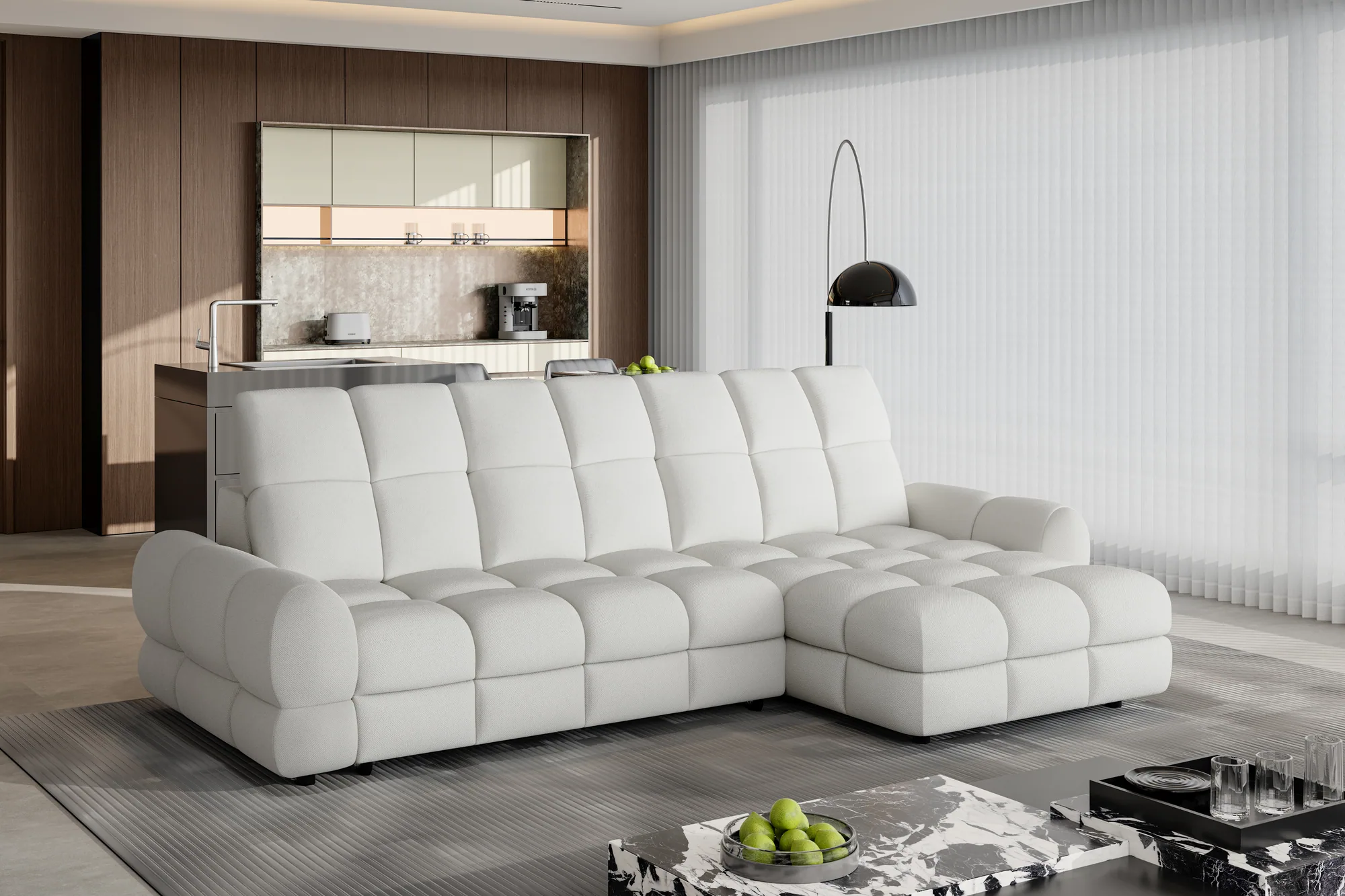 Eckschlafsofa mit elektrischem Sitz und Bettkasten TOLLO S – Funktion geöffnet, im Raum