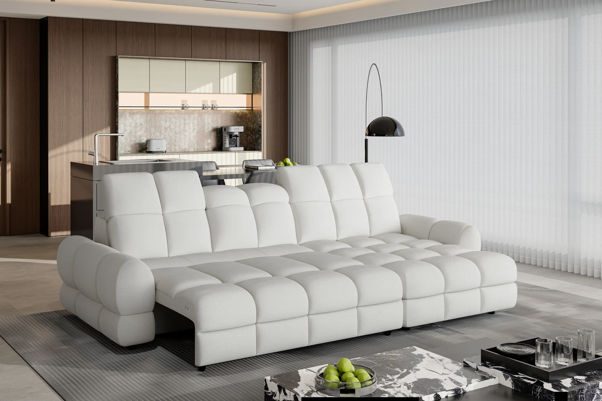 Eckschlafsofa mit elektrischem Sitz und Bettkasten TOLLO S – Funktion geöffnet, im Raum