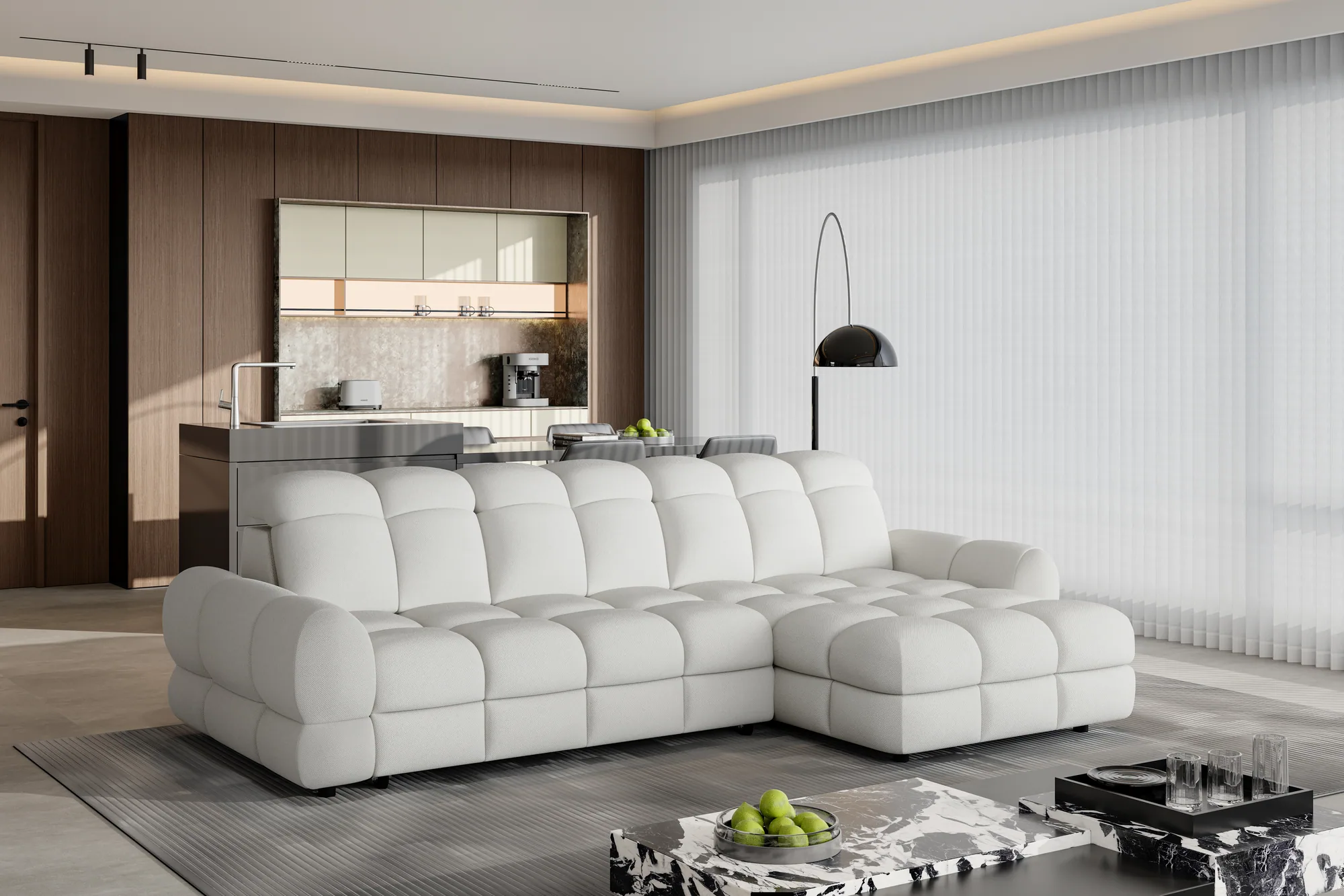 Eckschlafsofa mit elektrischem Sitz und Bettkasten TOLLO S – Schrägansicht, im Raum