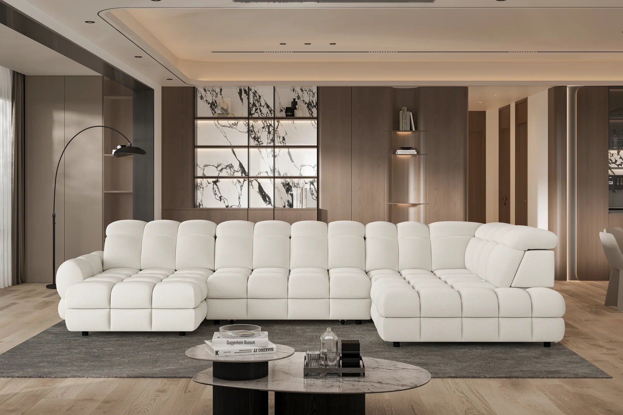 U-förmiges Eckschlafsofa mit elektrischem Sitz und Bettkasten TOLLO XL – im Raum