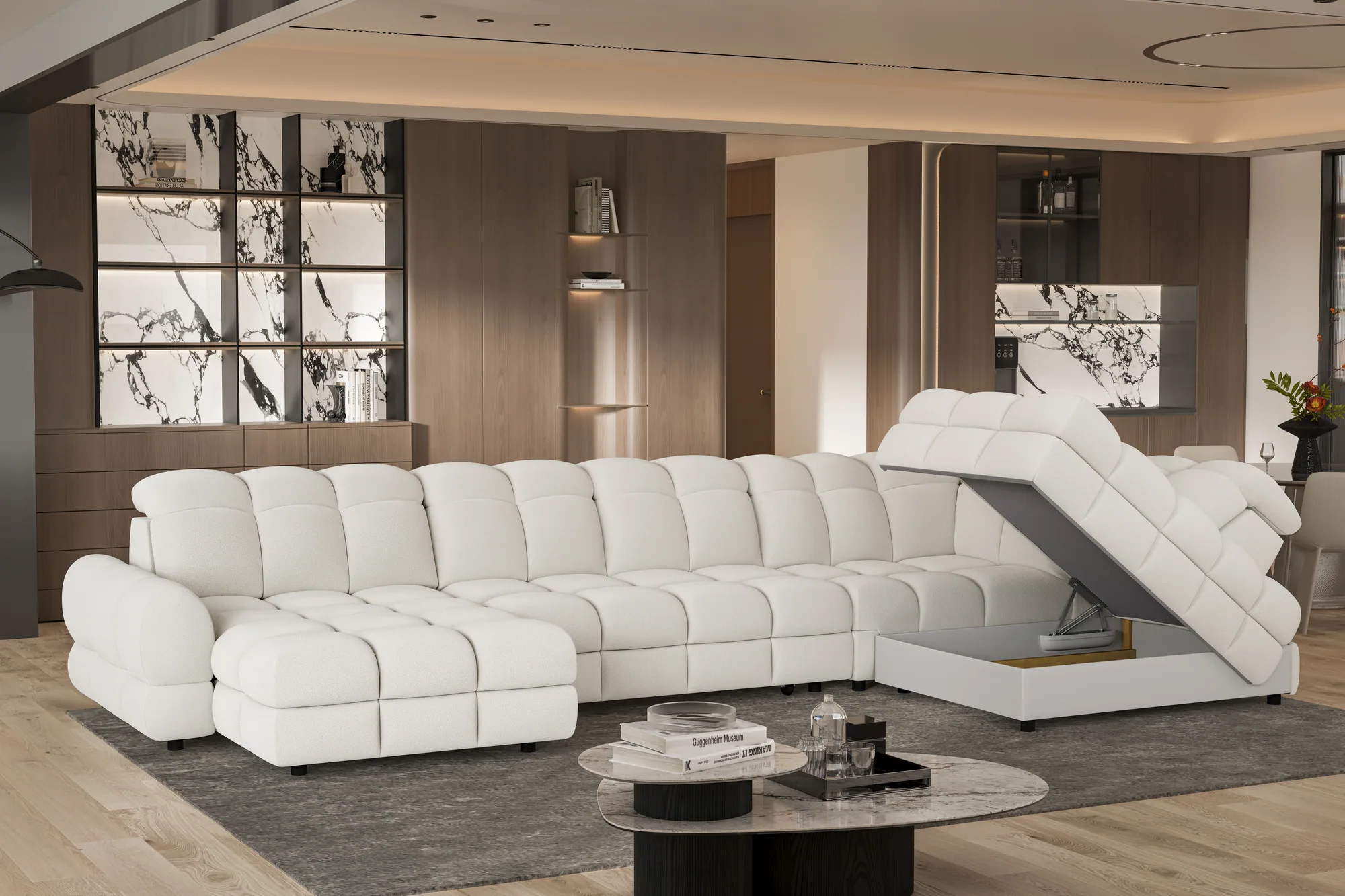 U-förmiges Eckschlafsofa mit elektrischem Sitz und Bettkasten TOLLO XL – Funktion geöffnet, im Raum