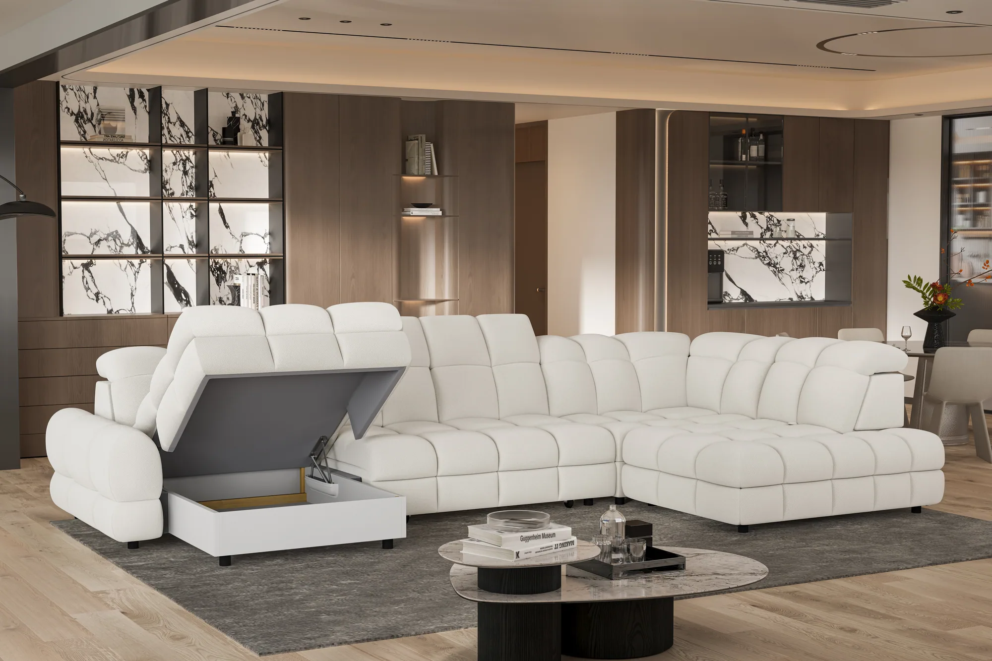 U-förmiges Eckschlafsofa mit elektrischem Sitz und Bettkasten TOLLO XL – Funktion geöffnet, im Raum