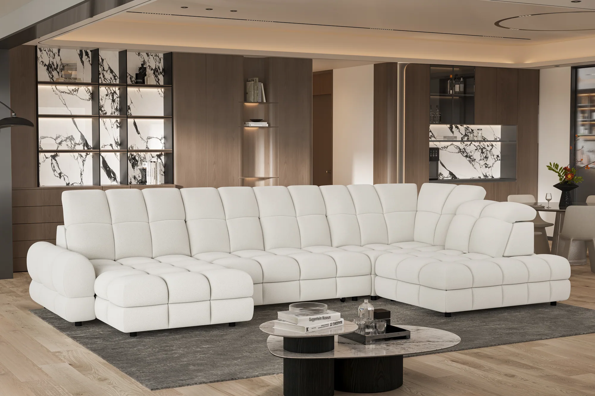 U-förmiges Eckschlafsofa mit elektrischem Sitz und Bettkasten TOLLO XL – Funktion geöffnet, im Raum