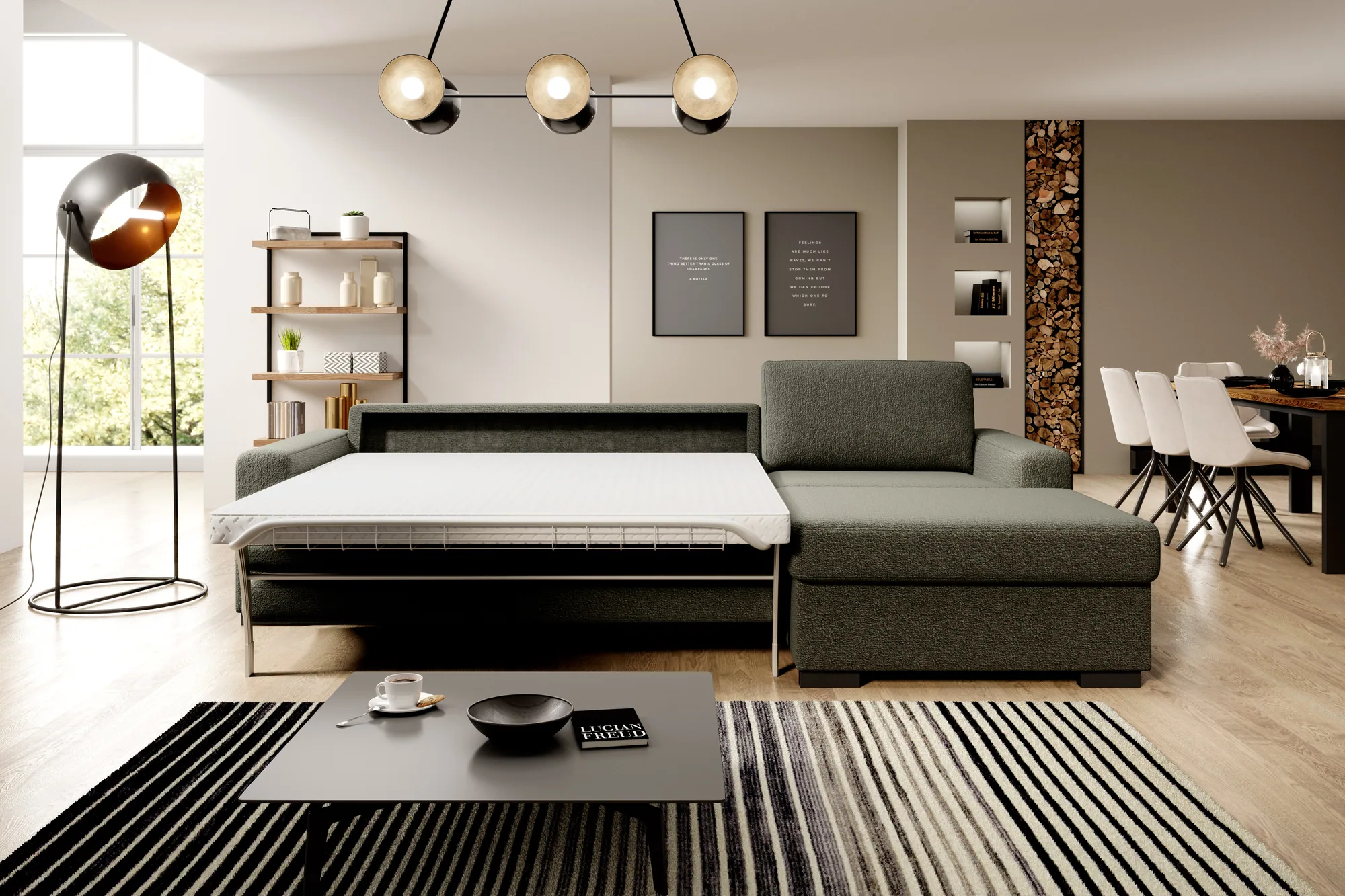 Eckschlafsofa mit Bettkasten VANILLA MINI CORNER 120 – Funktion geöffnet, im Raum