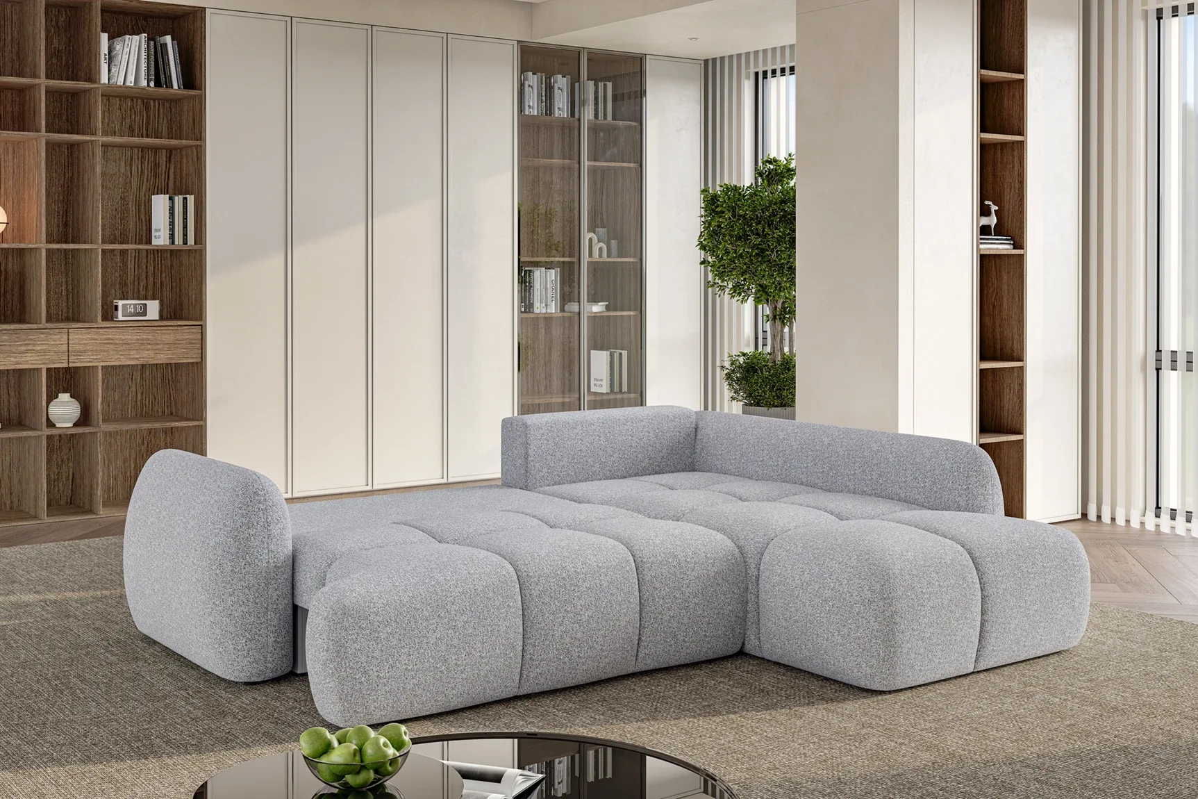 Eckschlafsofa mit Bettkasten WIND L – im Raum