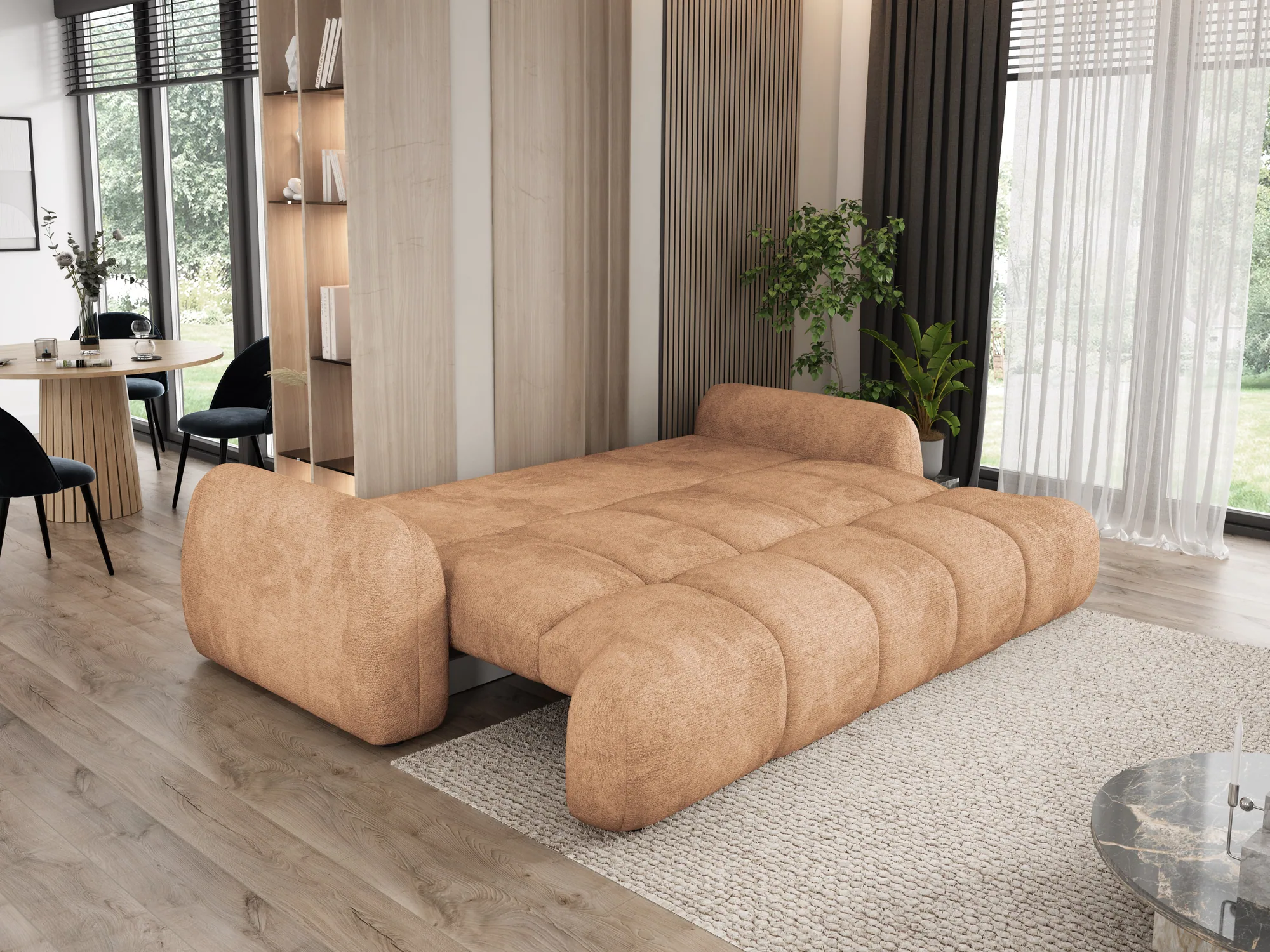 Schlafsofa mit Bettkasten WIND – Funktion geöffnet, im Raum