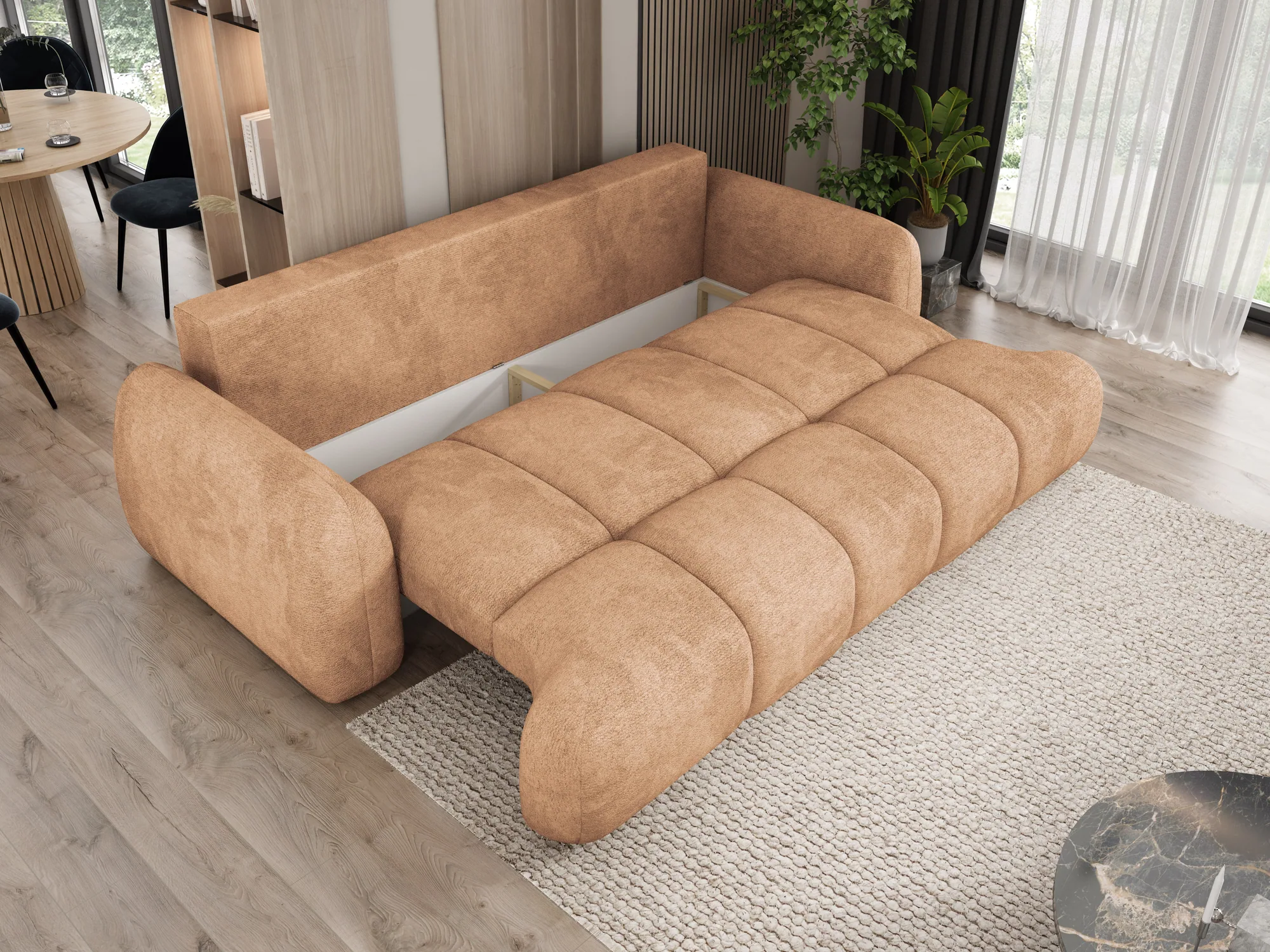 Schlafsofa mit Bettkasten WIND – Funktion geöffnet, im Raum